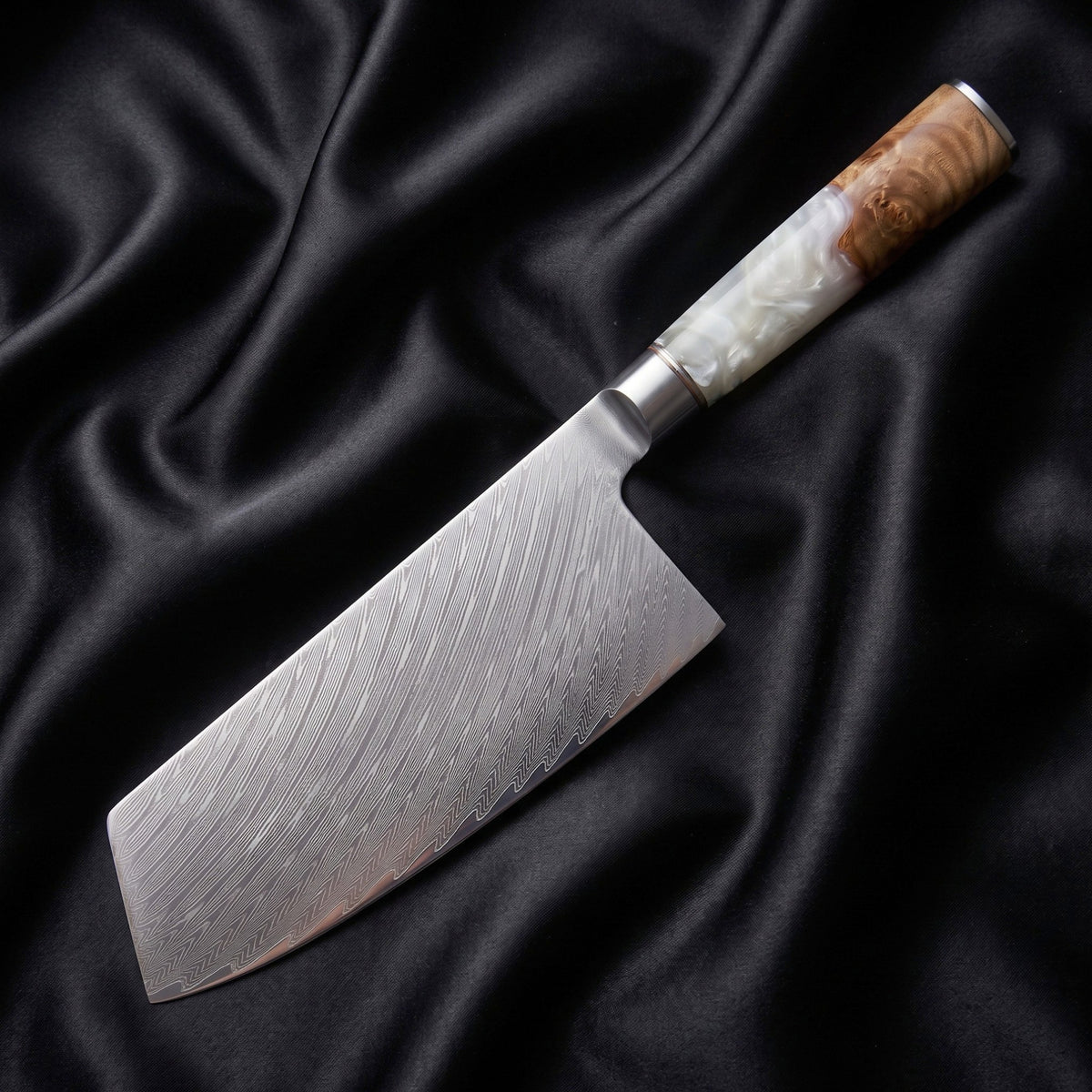 Shinju Vegetable Cleaver Knife · full blade on black silk