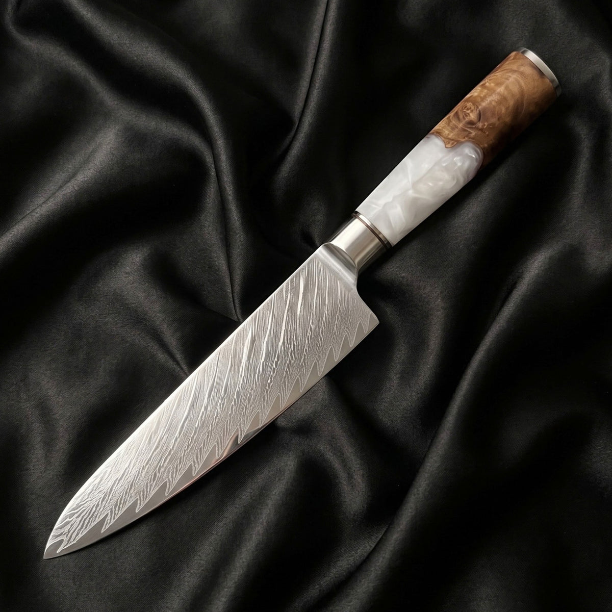 Shinju Gyuto Chef Knife · full blade on black silk