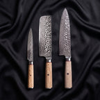 Kinari Knife Trio (Gyuto, Nakiri & Petty) · the full set on black silk