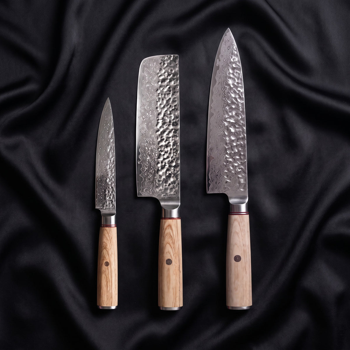 Kinari Knife Trio (Gyuto, Nakiri & Petty) · the full set on black silk
