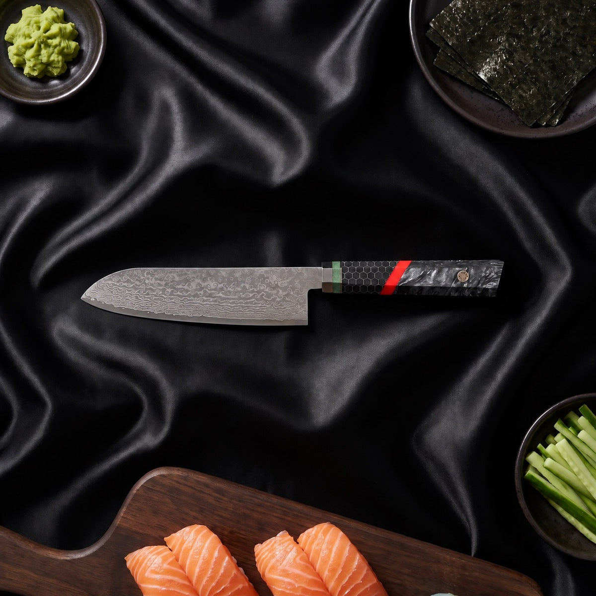 Enji 9-Piece Knife Set · 7 in Santoku All-Purpose Knife on the cutting board