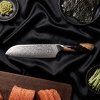 Yoizuki Knife Duo (Santoku & Nakiri) · Santoku All-Purpose Knife on the cutting board