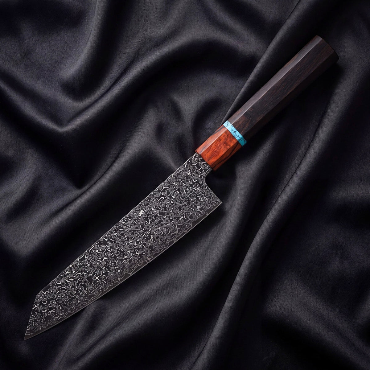 Seiji Kiritsuke Chef-Slicer Knife · full blade on black silk