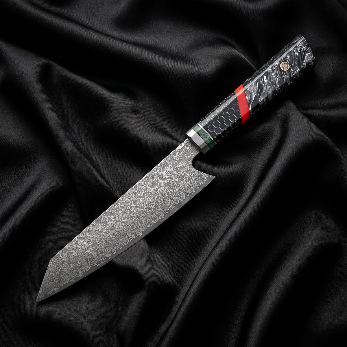 Enji Kiritsuke Chef-Slicer Knife · full blade on black silk