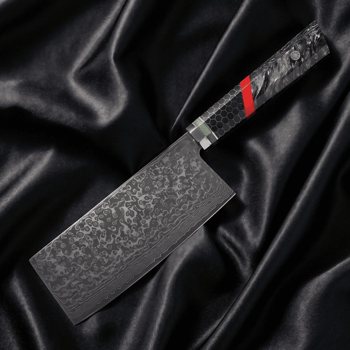 Enji Vegetable Cleaver Knife · full blade on black silk