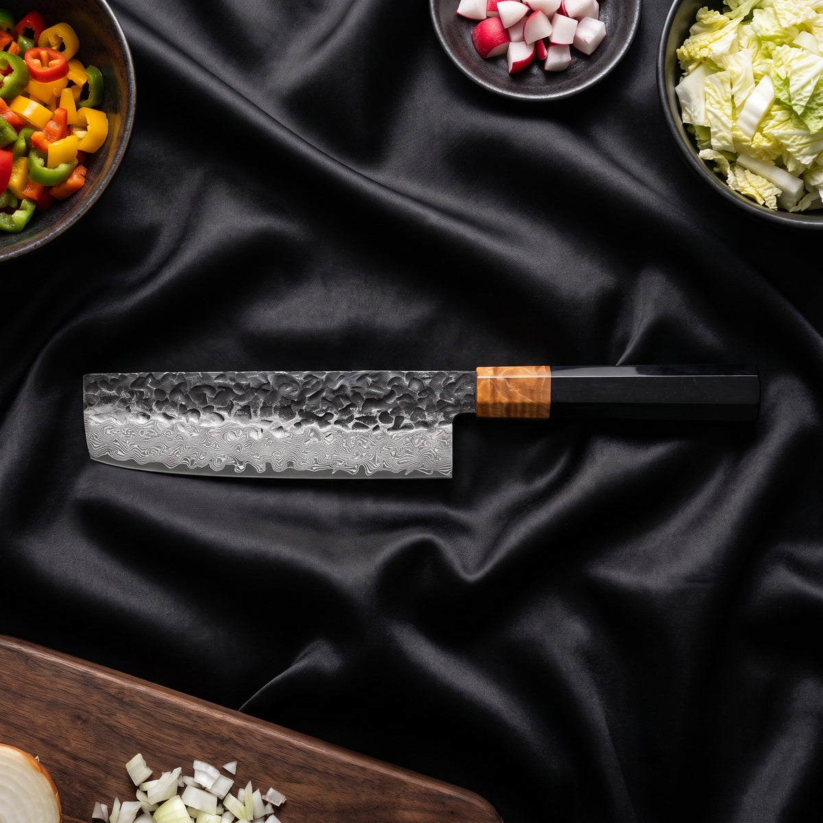 Sumie Knife Trio (Gyuto, Nakiri & Petty) · Nakiri Vegetable Knife on the cutting board