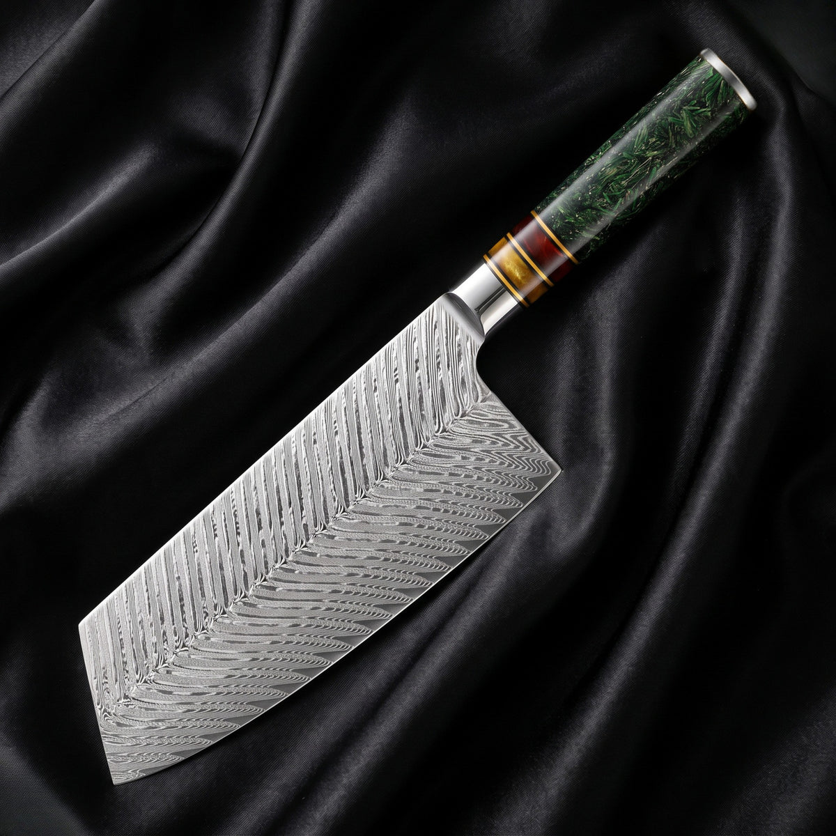 Matsuba Vegetable Cleaver Knife · full blade on black silk
