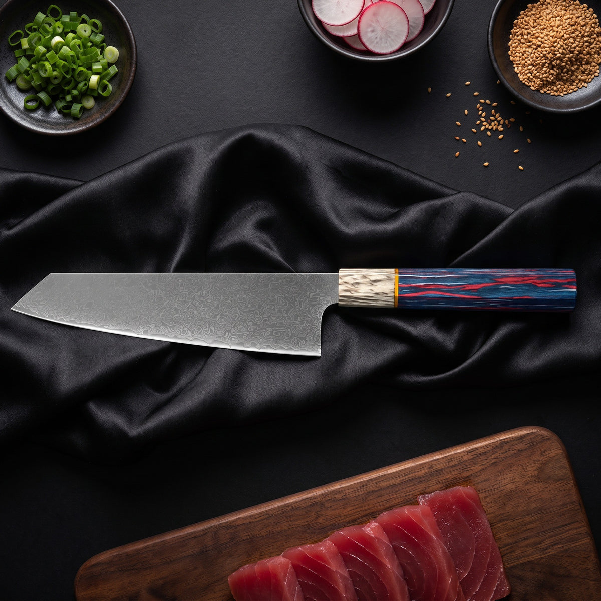 Hanabi Knife Duo (Gyuto & Kiritsuke) · Kiritsuke Chef-Slicer Knife on the cutting board