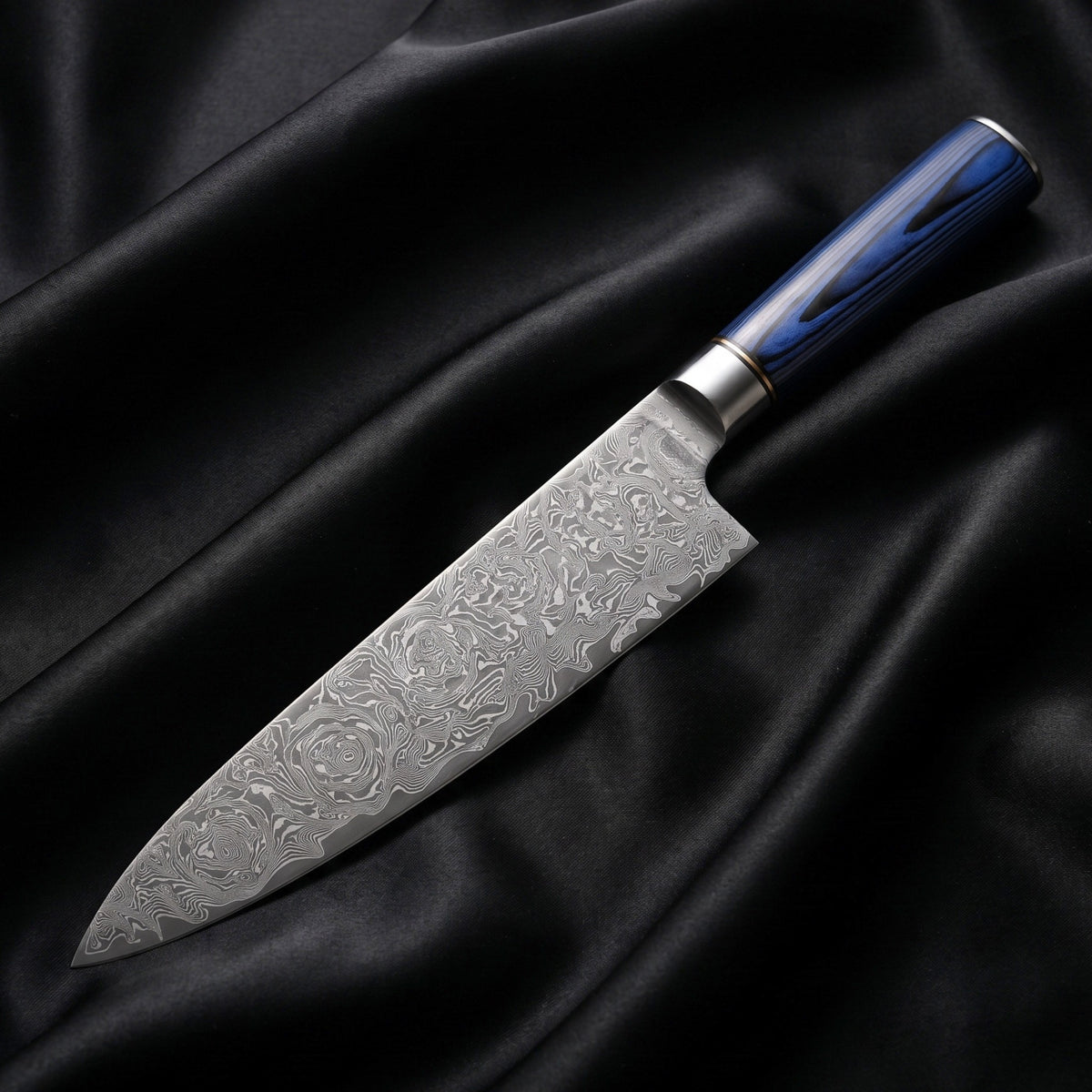 Aizome Gyuto Chef Knife · full blade on black silk