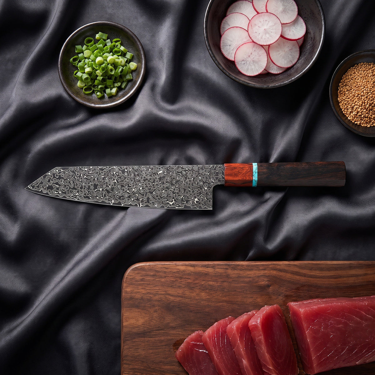 Seiji Knife Duo (Gyuto & Kiritsuke) · Kiritsuke Chef-Slicer Knife on the cutting board
