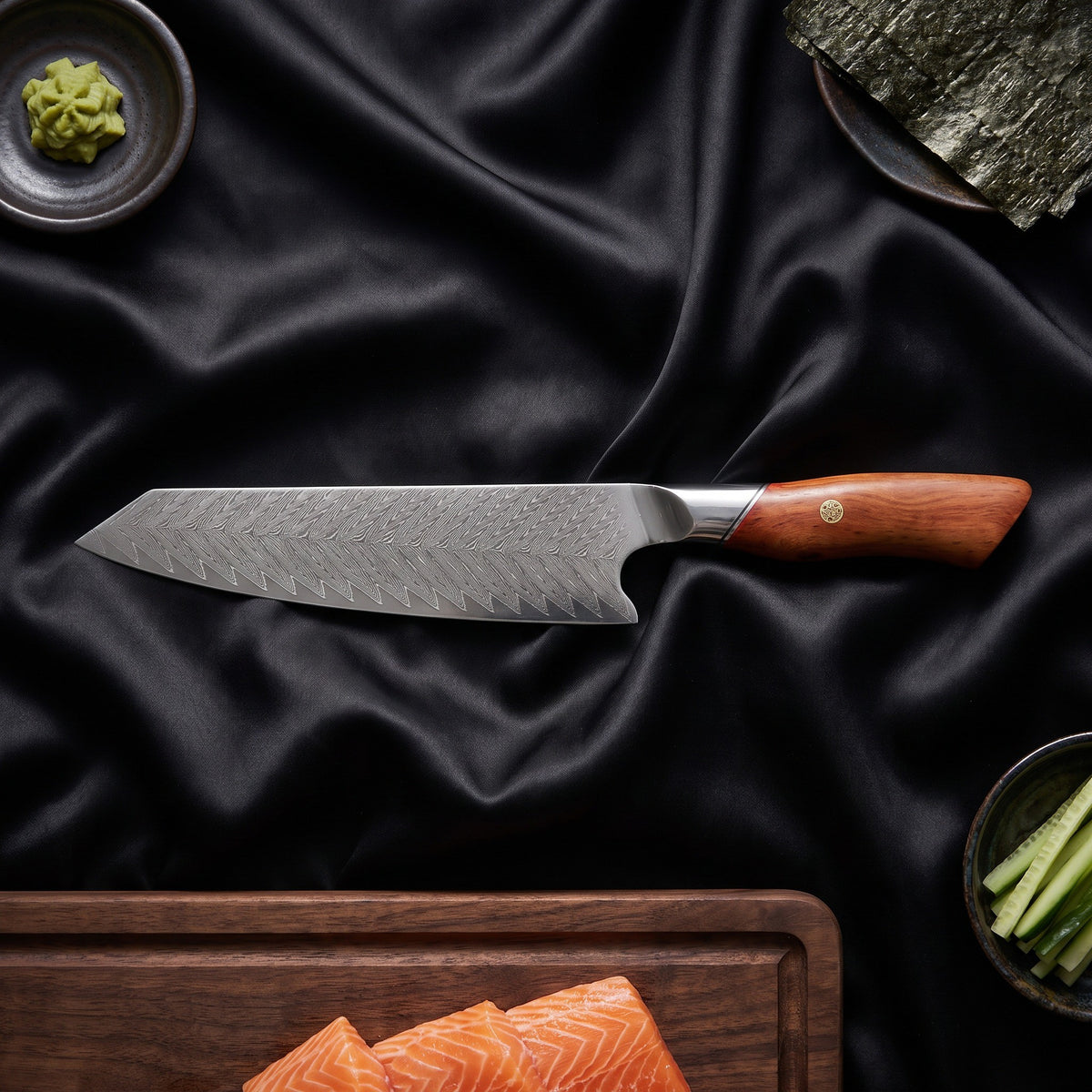 Takibi 3-Piece Knife Set · Kiritsuke Chef-Slicer Knife on the cutting board