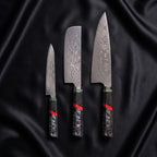 Enji Knife Trio (Gyuto, Nakiri & Utility) · the full set on black silk