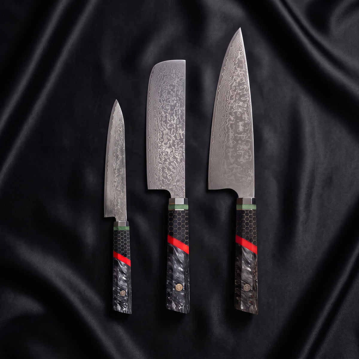 Enji Knife Trio (Gyuto, Nakiri & Utility) · the full set on black silk