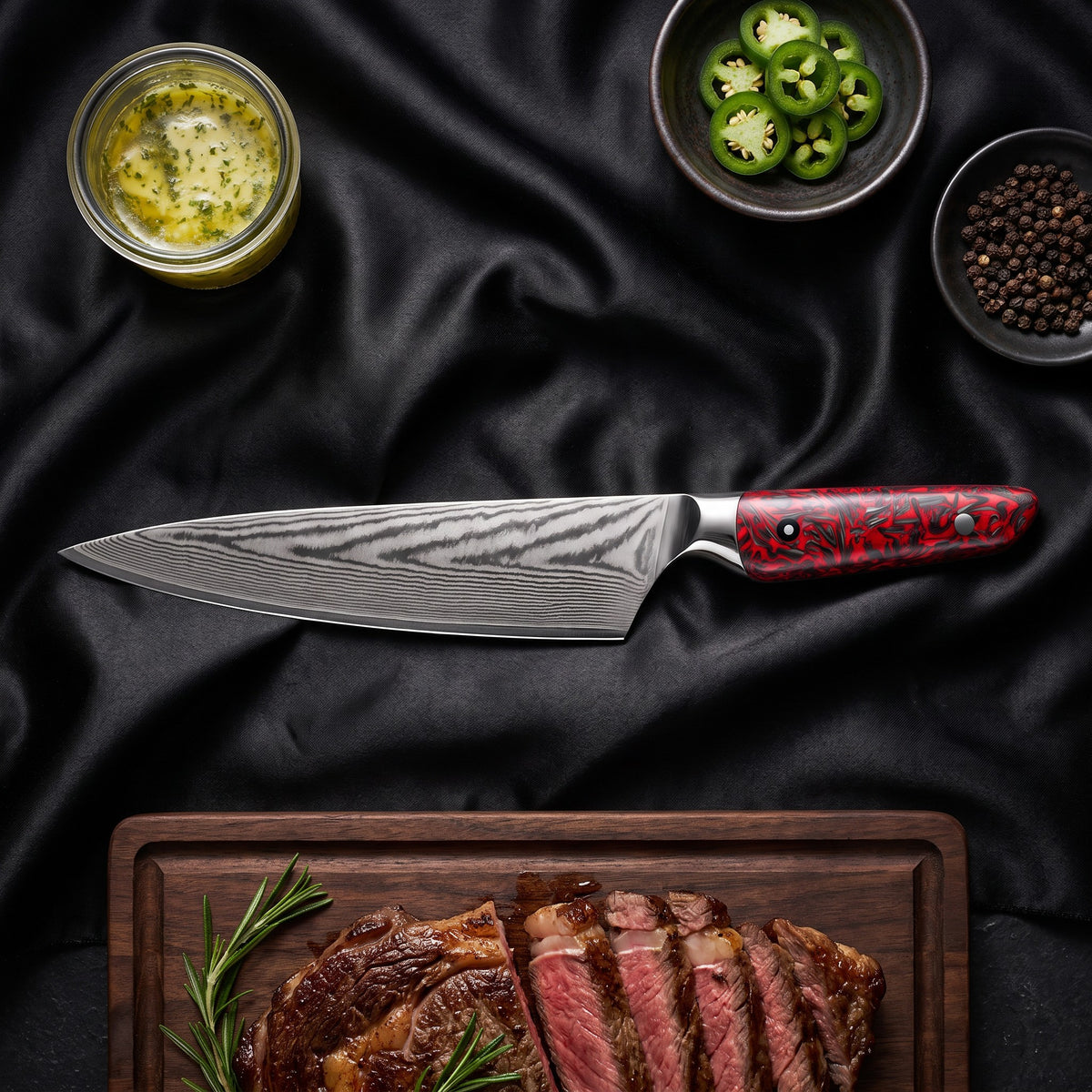 Shuiro Knife Duo (Gyuto & Utility) · Gyuto Chef Knife on the cutting board