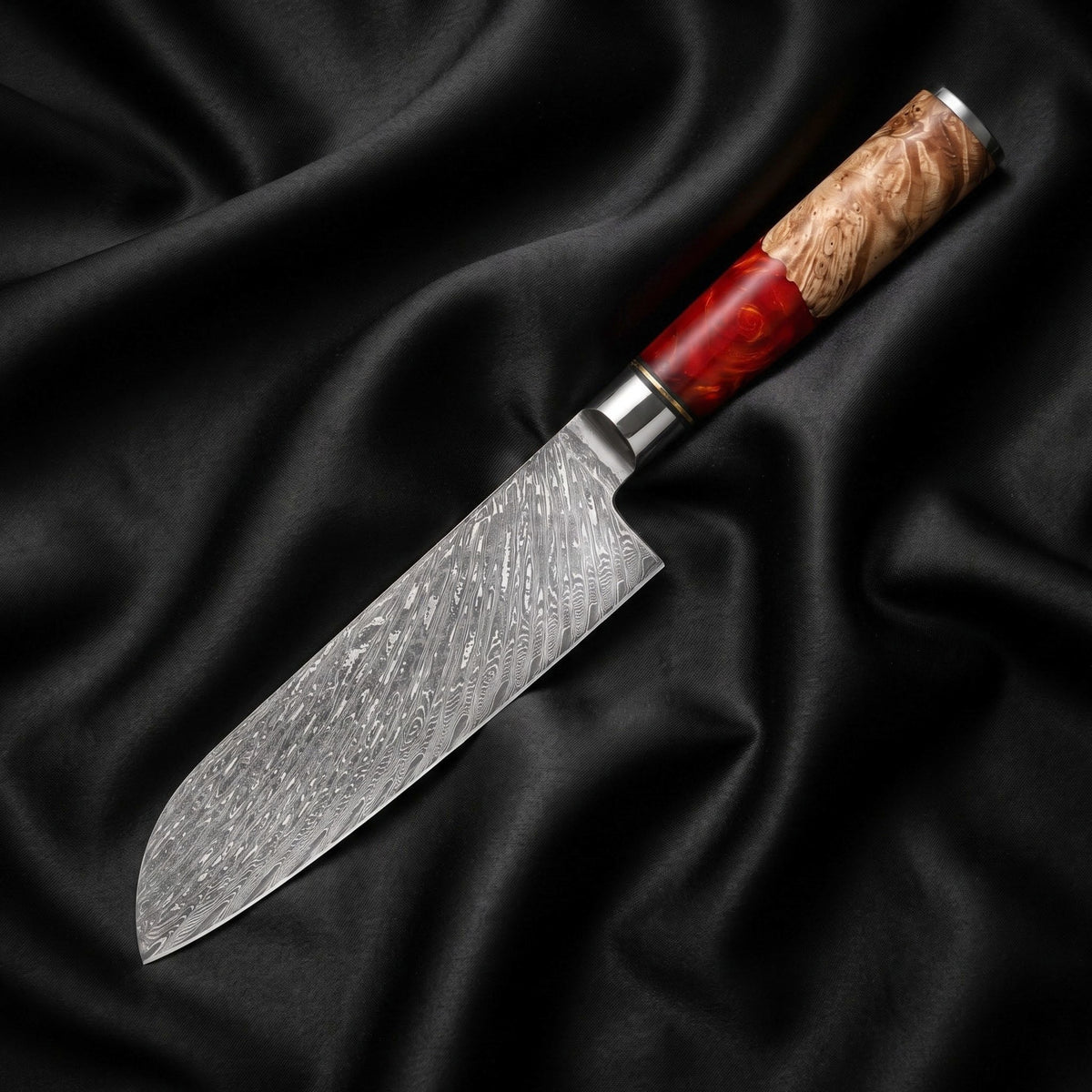 Hozuki Santoku All-Purpose Knife · full blade on black silk