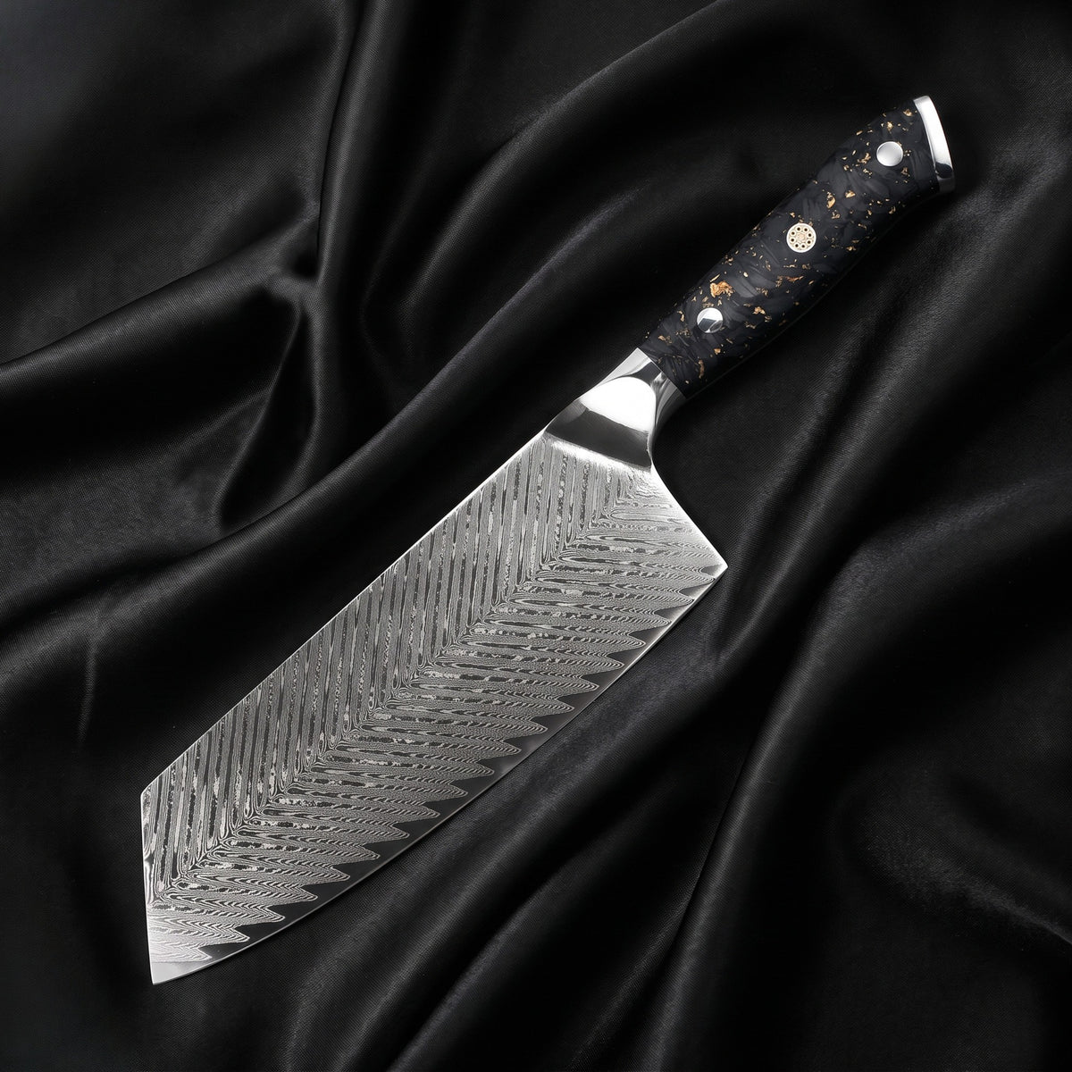 Kinpaku Vegetable Cleaver Knife · full blade on black silk