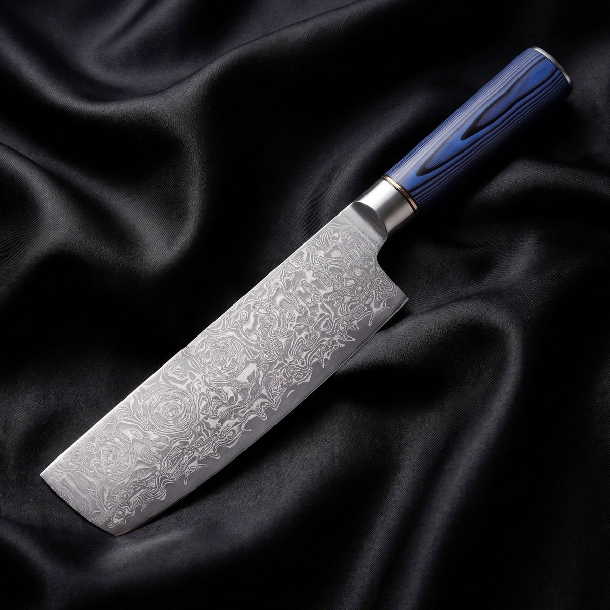Aizome Nakiri Vegetable Knife · full blade on black silk