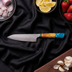 Kawasemi Knife Trio (Gyuto, Nakiri & Utility) · Utility Knife on the cutting board