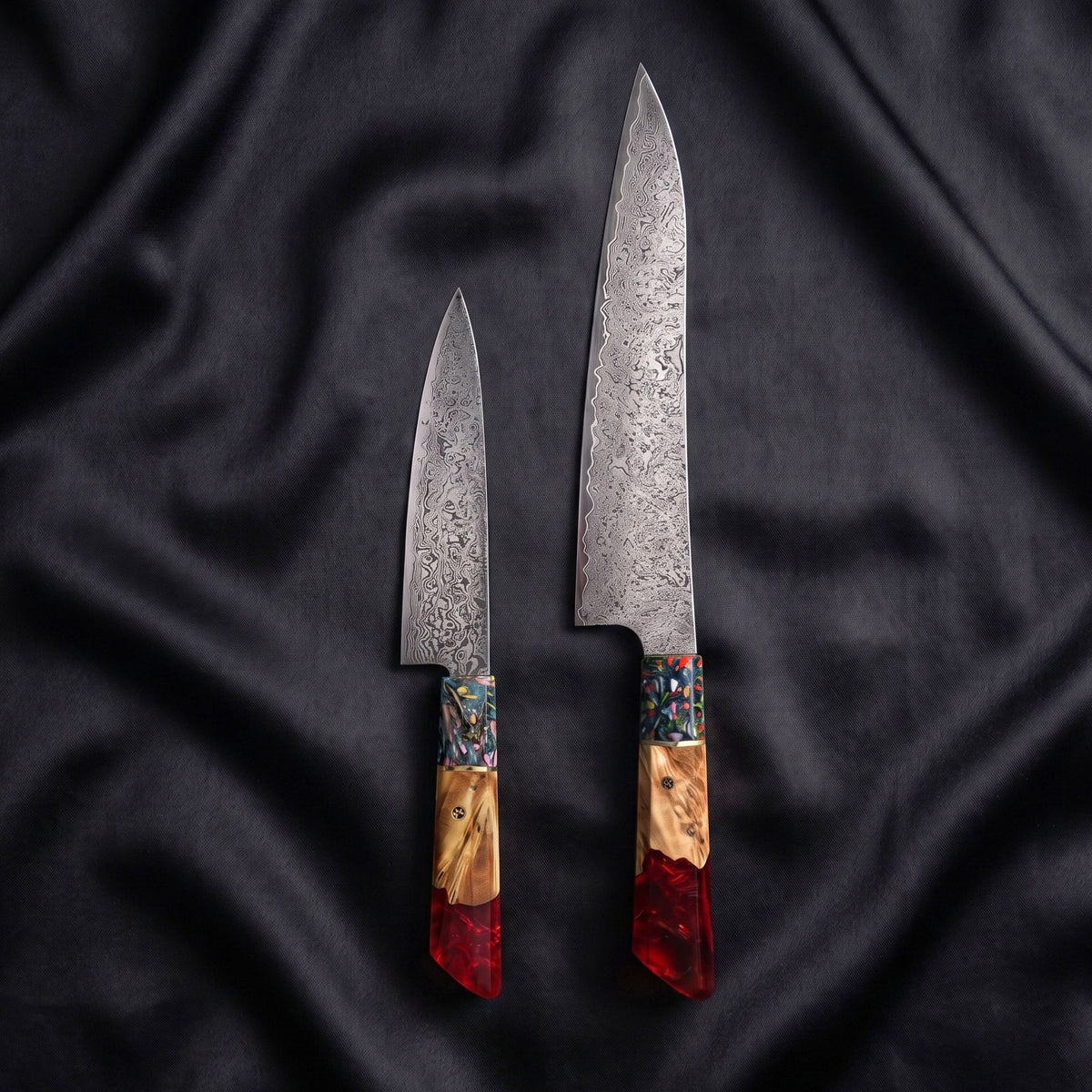Saiun Knife Duo (Gyuto & Utility) · the full set on black silk