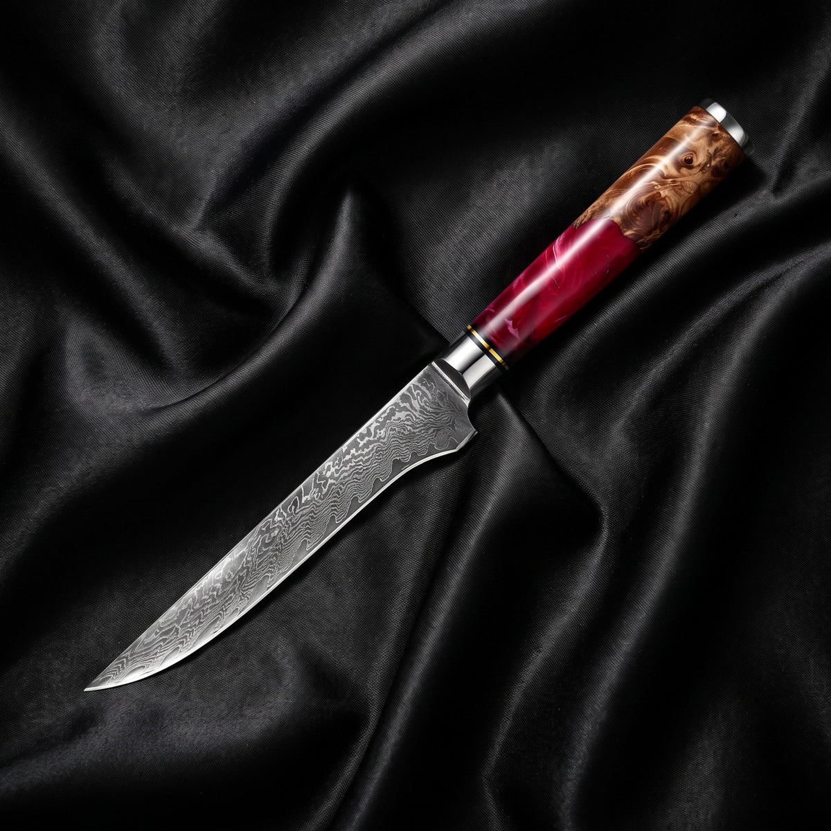 Hozuki Honesuki Boning Knife · full blade on black silk