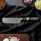 Wakaba Knife Trio (Gyuto, Nakiri & Utility) · Nakiri Vegetable Knife on the cutting board