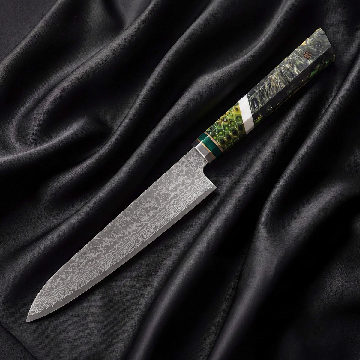 Wakaba Sujihiki Slicing Knife · full blade on black silk