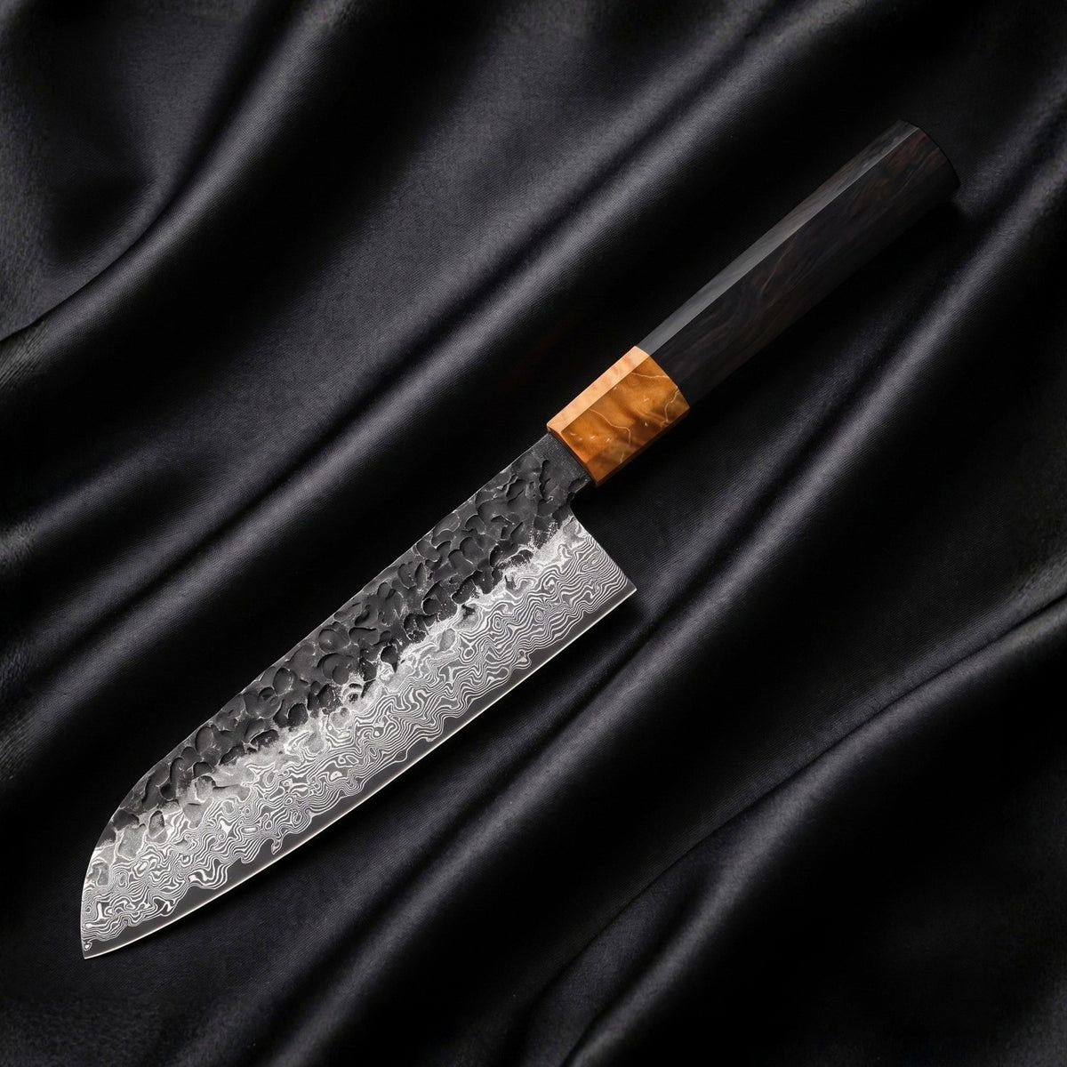 Sumie Santoku All-Purpose Knife · full blade on black silk