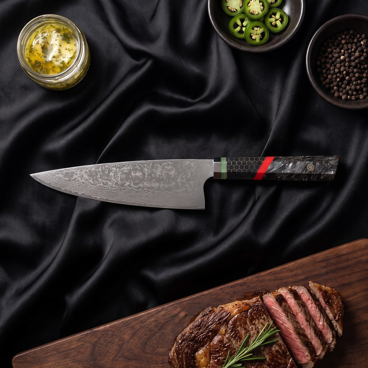 Enji Knife Duo (Gyuto & Utility) · Gyuto Chef Knife on the cutting board