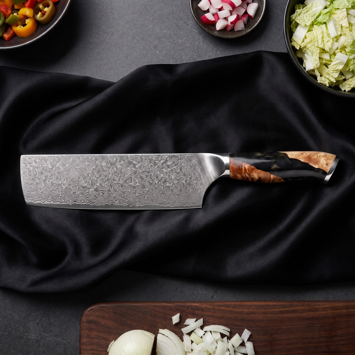 Yoizuki 6-Piece Knife Set · Nakiri Vegetable Knife on the cutting board