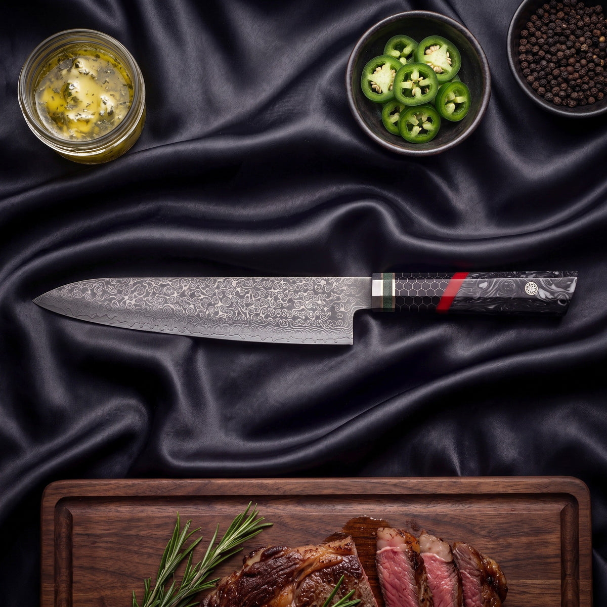 Hibana Knife Duo (Gyuto & Utility) · Gyuto Chef Knife on the cutting board
