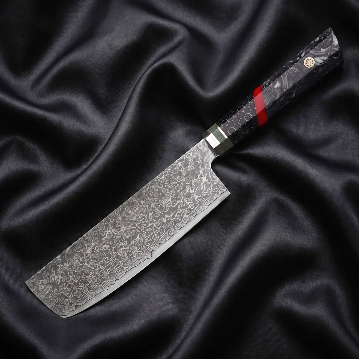 Hibana Nakiri Vegetable Knife · full blade on black silk