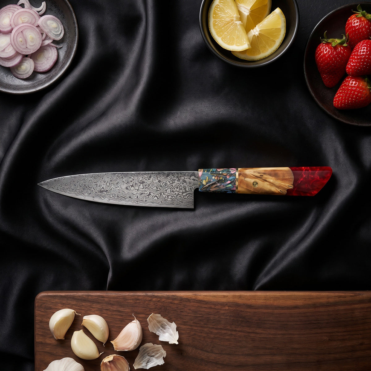 Saiun Knife Duo (Gyuto & Utility) · Utility Knife on the cutting board