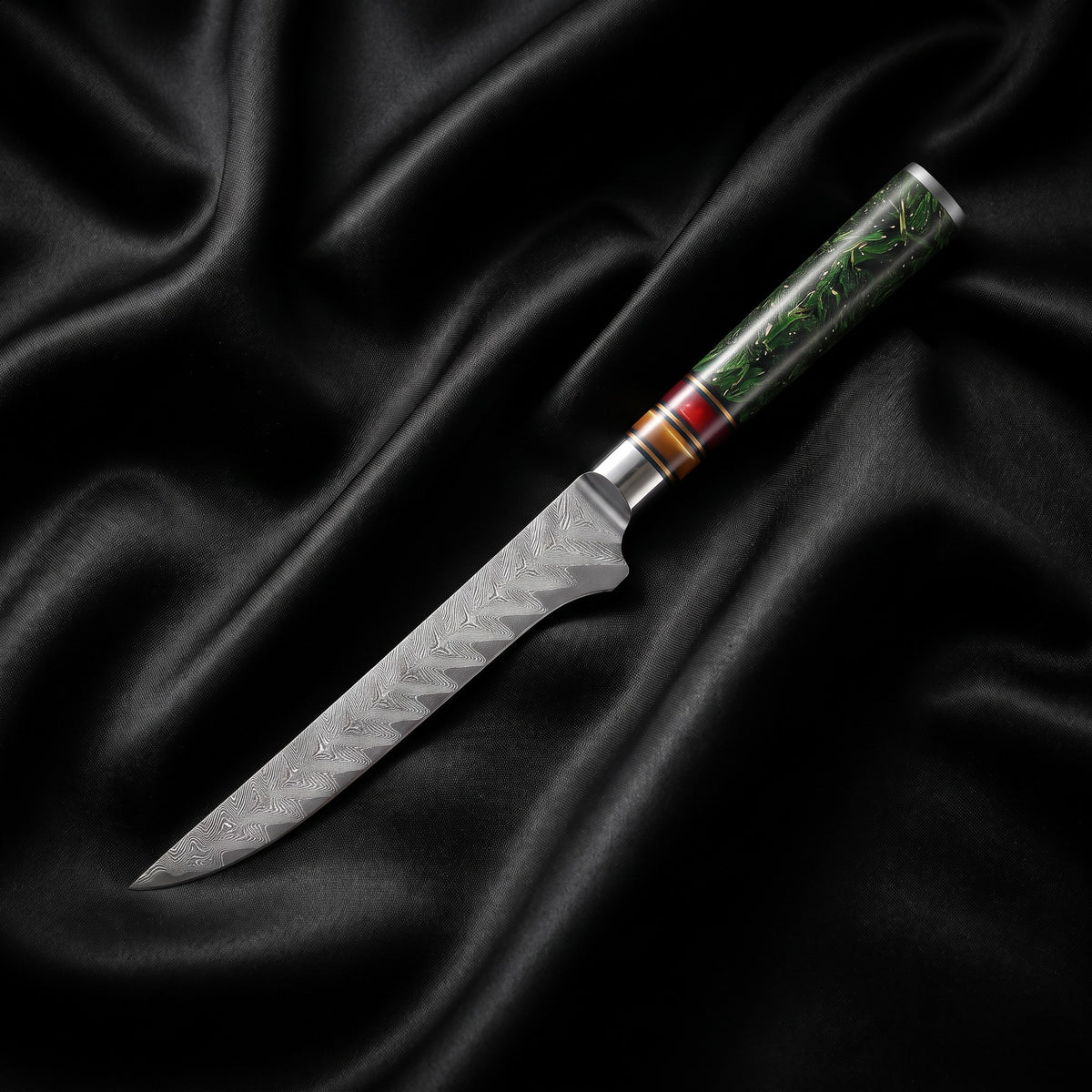 Matsuba Honesuki Boning Knife · full blade on black silk