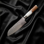 Shinju 5 in Santoku All-Purpose Knife · full blade on black silk