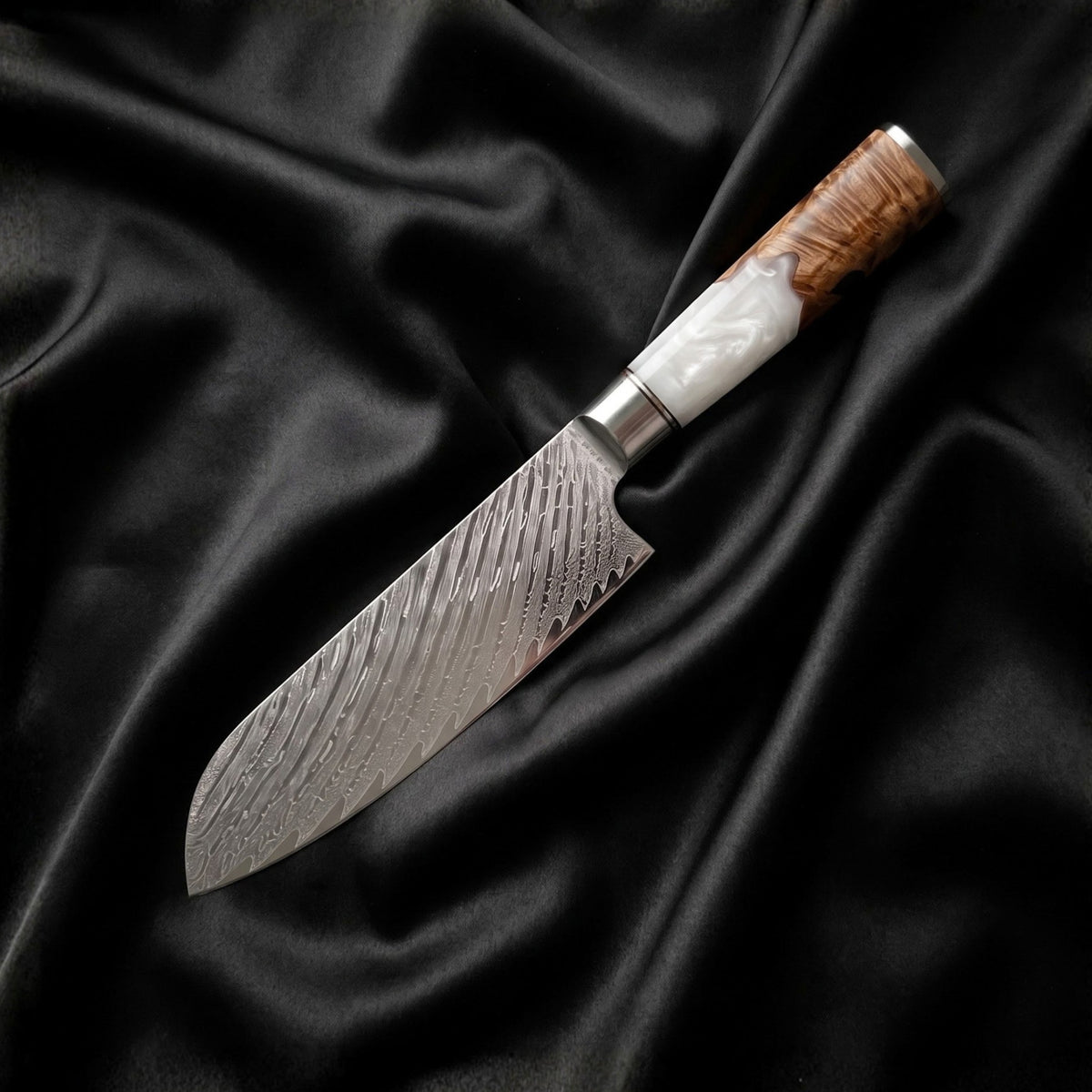 Shinju 5 in Santoku All-Purpose Knife · full blade on black silk