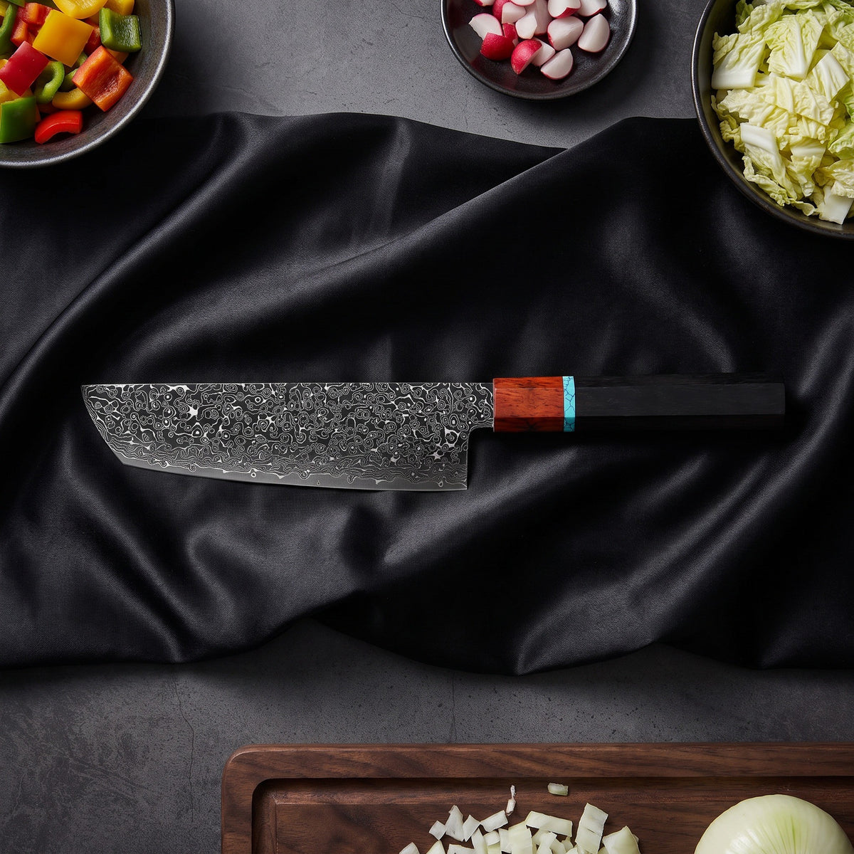 Seiji 5-Piece Knife Set · Nakiri Vegetable Knife on the cutting board