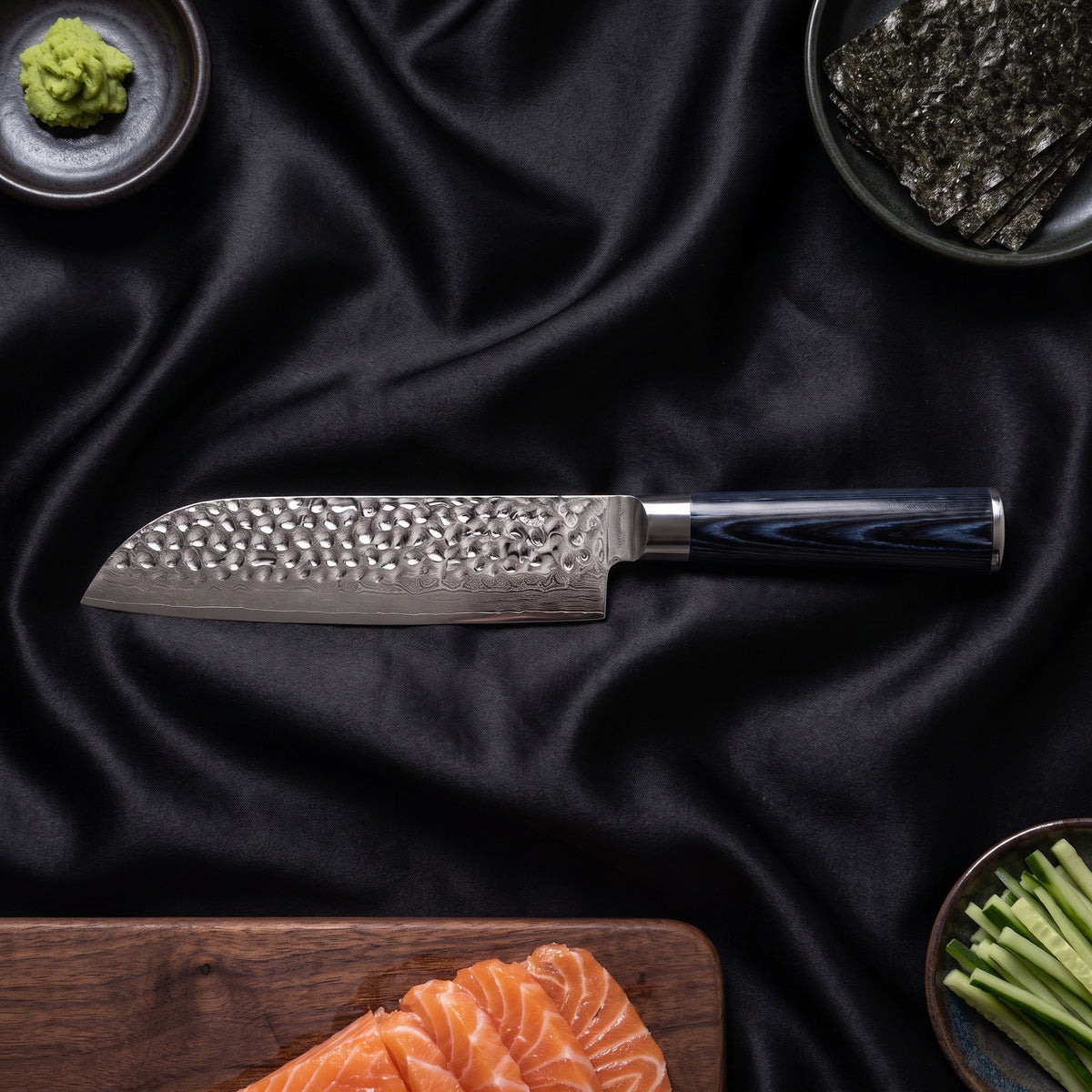 Konpeki 5-Piece Knife Set · Santoku All-Purpose Knife on the cutting board