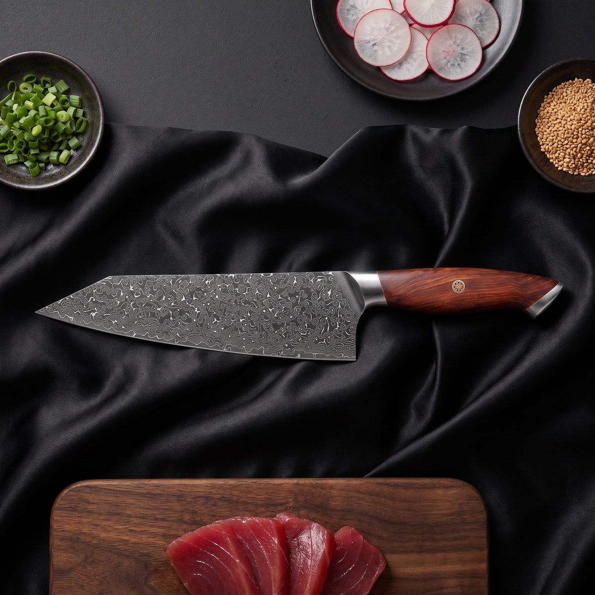 Yugure Knife Duo (Gyuto & Kiritsuke) · Kiritsuke Chef-Slicer Knife on the cutting board