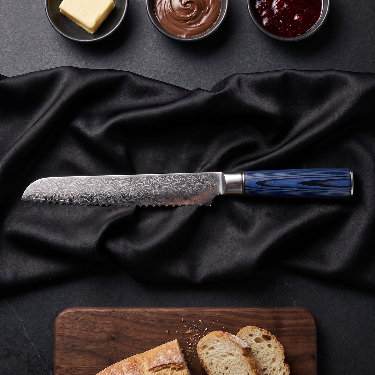 Aizome Bread Knife · on the cutting board