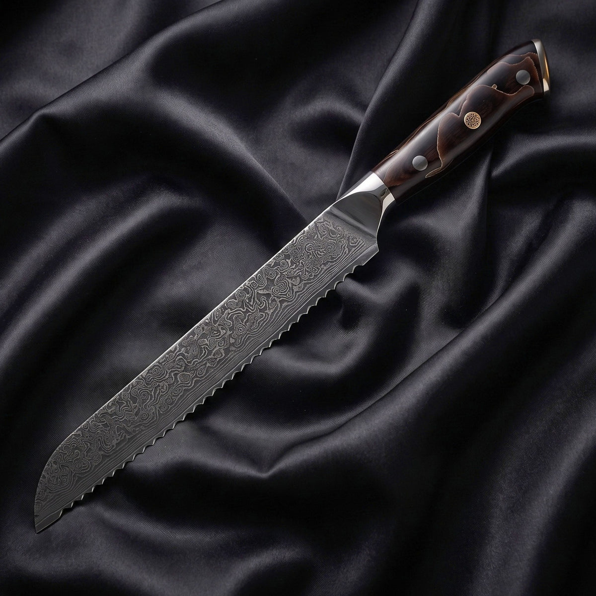 Iwao Bread Knife · full blade on black silk