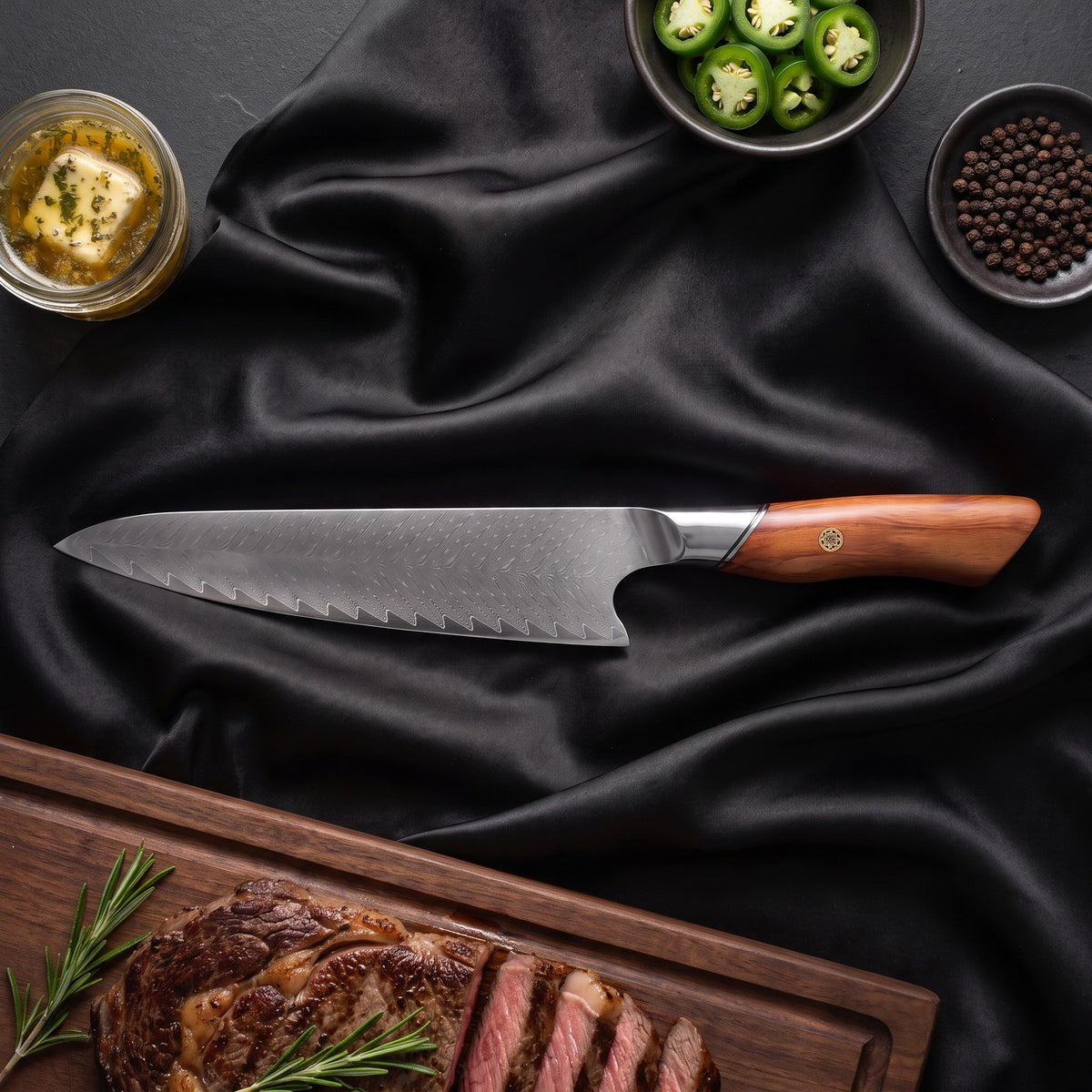 Takibi Knife Duo (Gyuto & Nakiri) · Gyuto Chef Knife on the cutting board