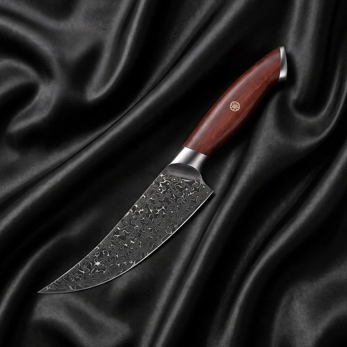 Yugure Honesuki Boning Knife · full blade on black silk