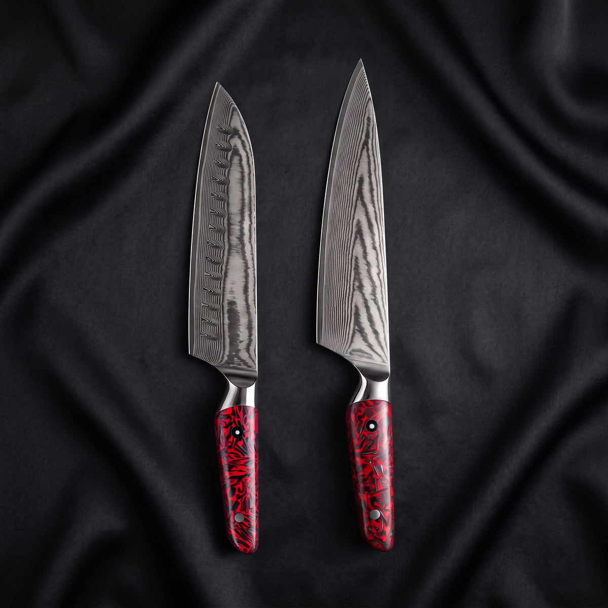 Shuiro Knife Duo (Gyuto & Santoku) · the full set on black silk