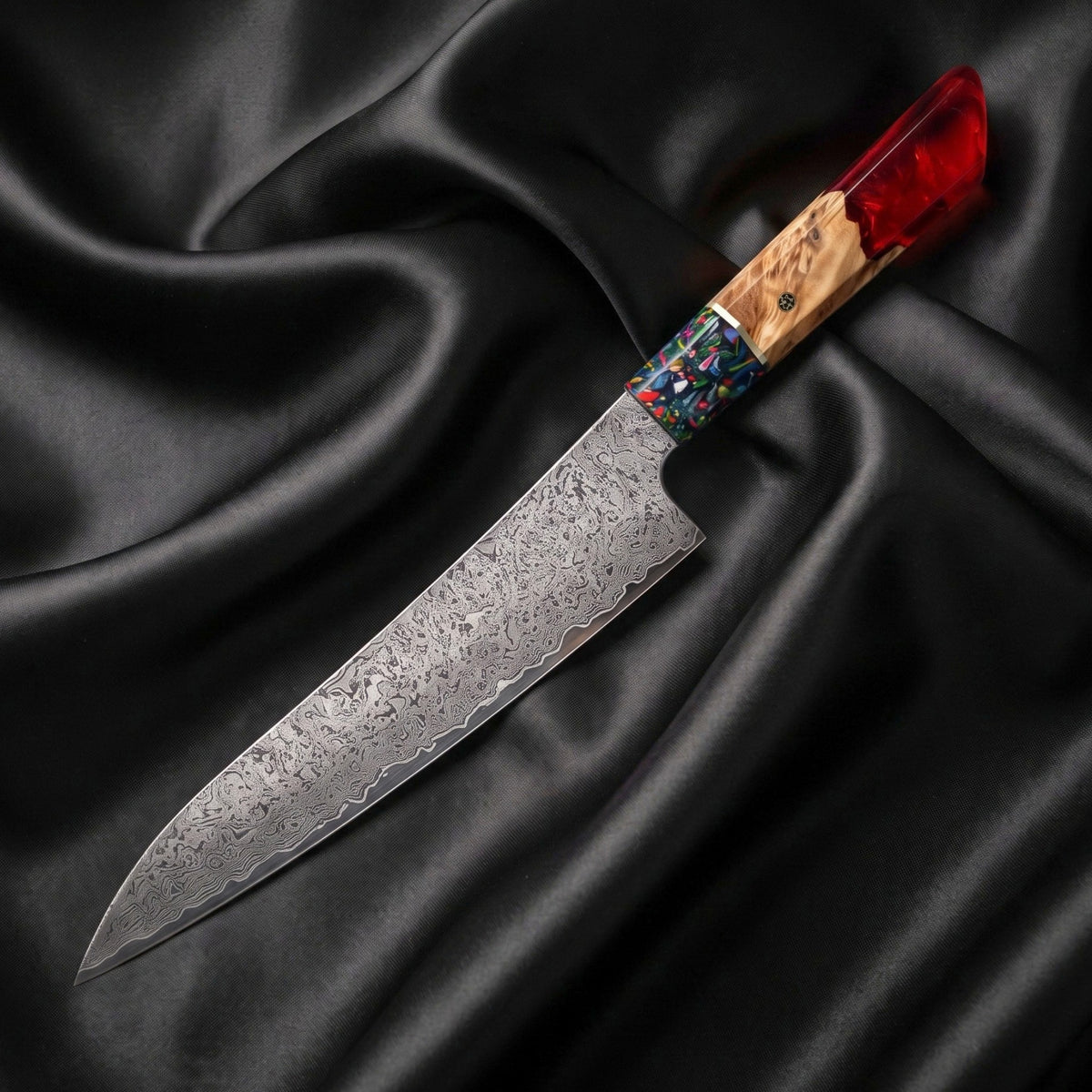 Saiun Gyuto Chef Knife · full blade on black silk