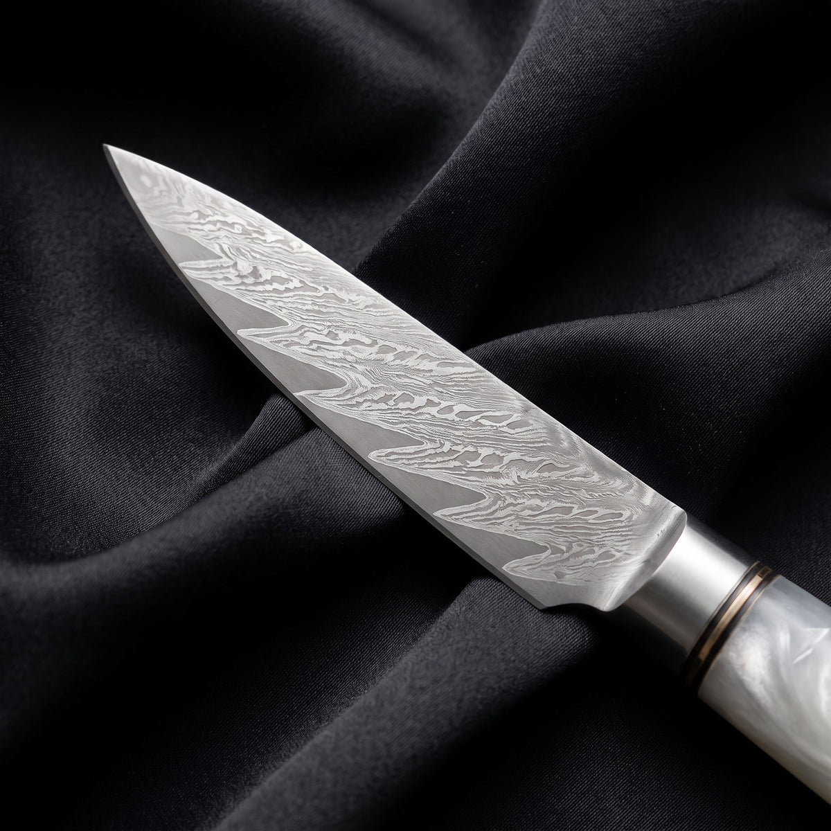 Shinju Paring Knife · Damascus blade close-up