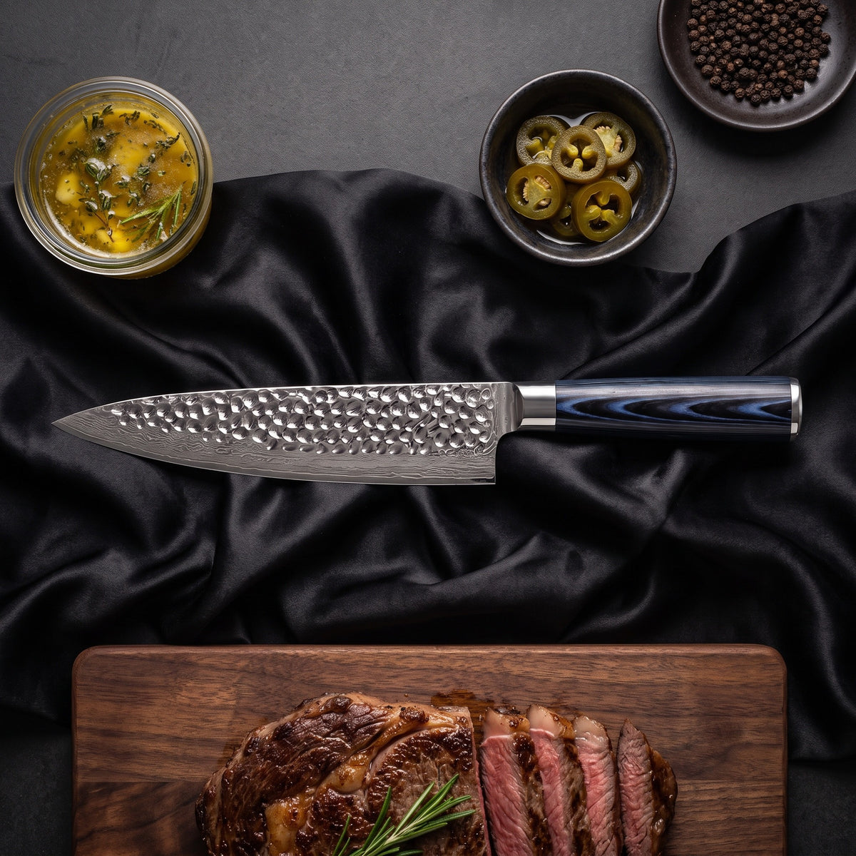 Konpeki Knife Duo (Gyuto & Santoku) · Gyuto Chef Knife on the cutting board