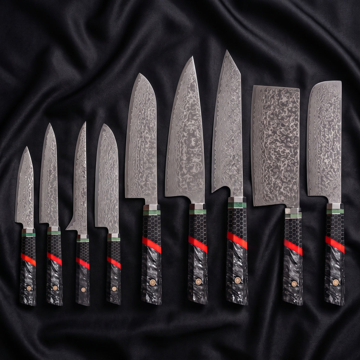 Enji 9-Piece Knife Set · the full set on black silk