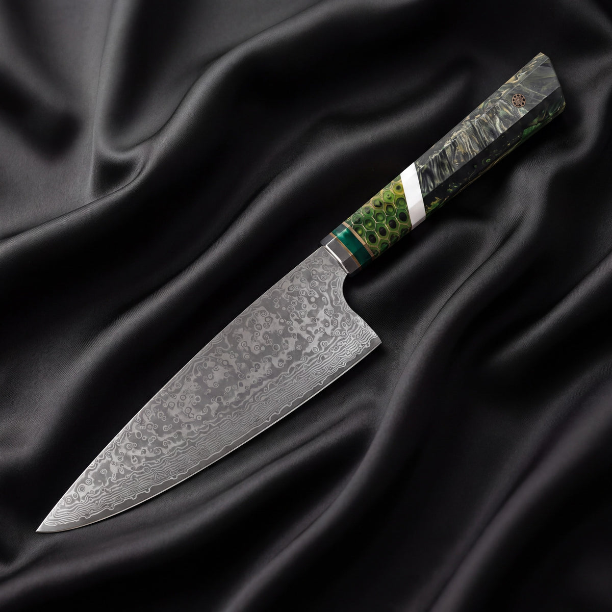 Wakaba Gyuto Chef Knife · full blade on black silk