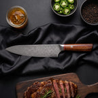 Kasane 7-Piece Knife Set · Gyuto Chef Knife on the cutting board