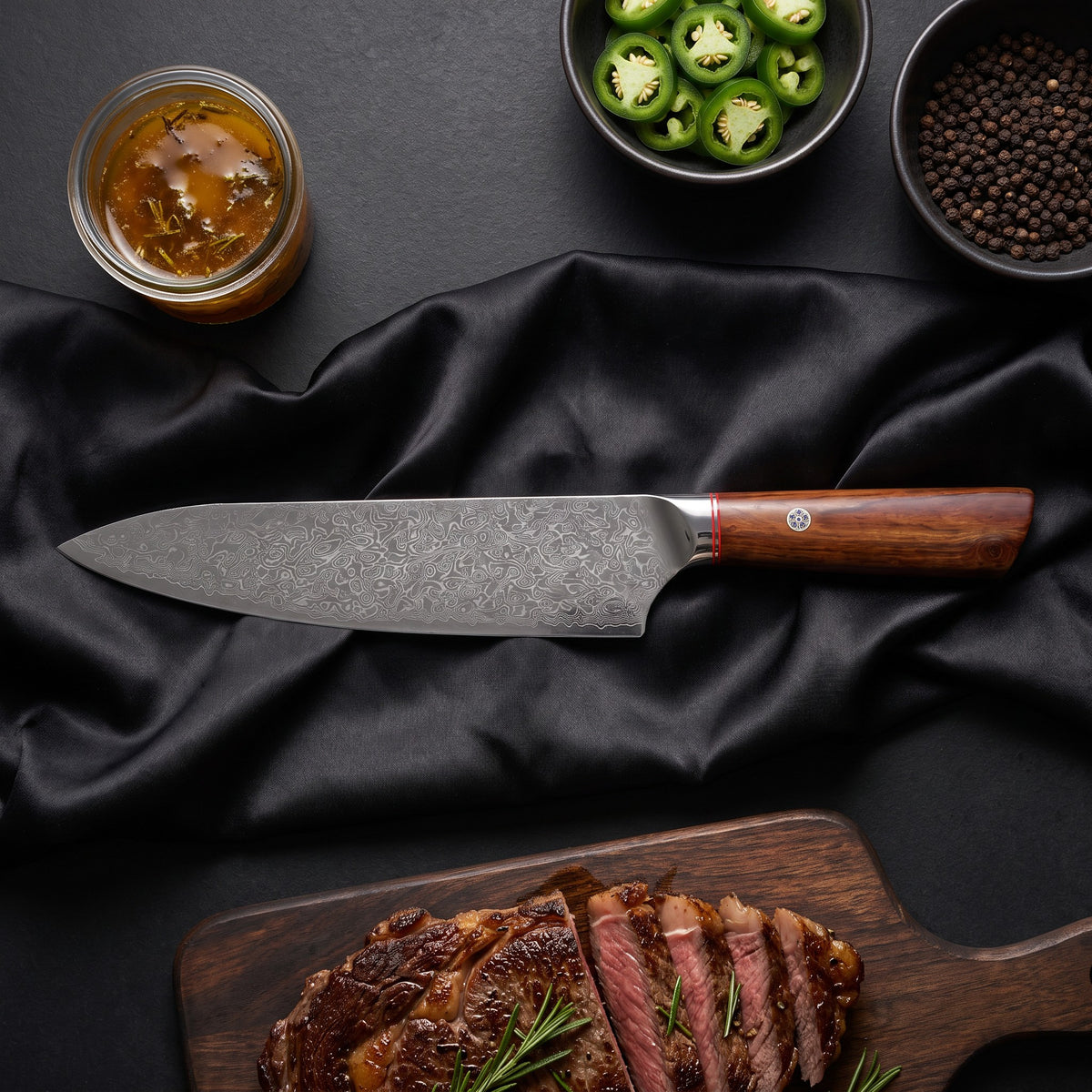 Kasane 7-Piece Knife Set · Gyuto Chef Knife on the cutting board